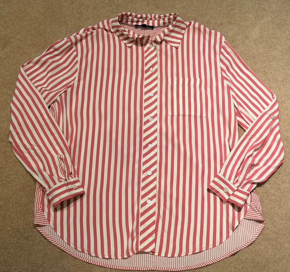 Jane Delancey Coral Pink White Stripe Button Up Top Large 100% Rayon Preppy